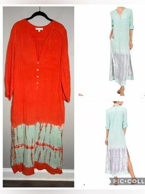 Everyday Ritual Tracey Caftan - Tie Dye orange Cotton Bubble Gauze